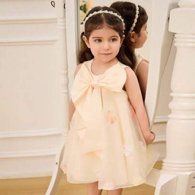 SHEIN Sleeveless Flower Girl Dress With Large Bow Accent, Champagne Color, Princess Style Mesh Tulle Skirt, Suitable For Birthday Party, Wedding, Holiday, S