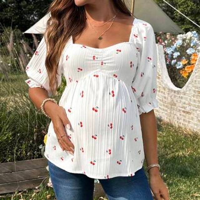 SHEIN Women&#39;s Cherry Print Short Sleeve Elegant Blouse, Maternity Shirt For Summer