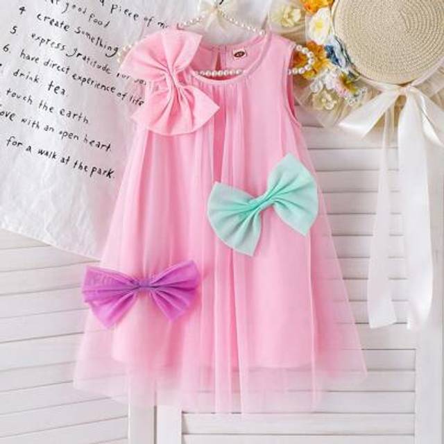 SHEIN Little Girls Candy Color Mesh Bow Decor Princess Dress, Sweet And Cute Summer Outfit