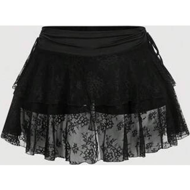 SHEIN Plus Size Women&#39;s Black Lace Drawstring Waist Mini Skirt,New Years,Rave Outfits Festival,Y2k Clothes,Sexy Skirt,Western Wear Women,Summer Outfits For