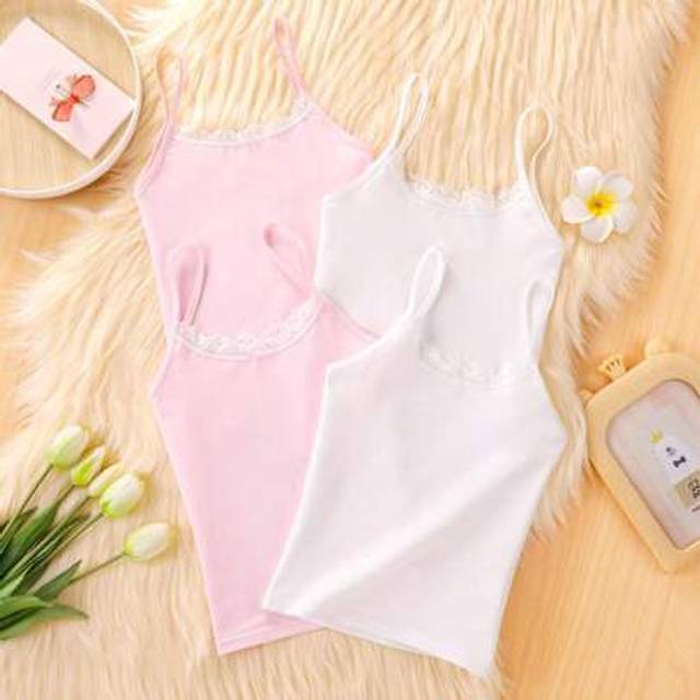 SHEIN 4pcs Girls Solid Color Lace Trim Soft Cotton Activewear Set, Simple Minimalist Versatile Sports Innerwear/Outerwear Ensemble