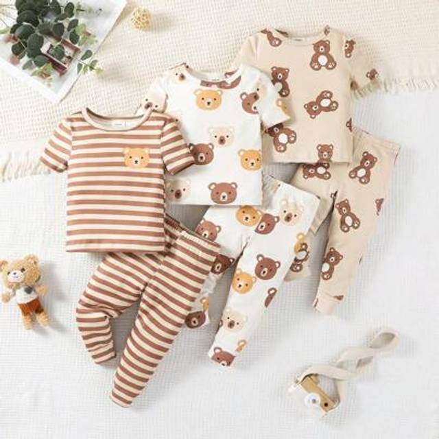 SHEIN 6pcs Set Baby Boy Cute Bear Print Casual Snug Fit Short Sleeve Top And Pants Home Service Set