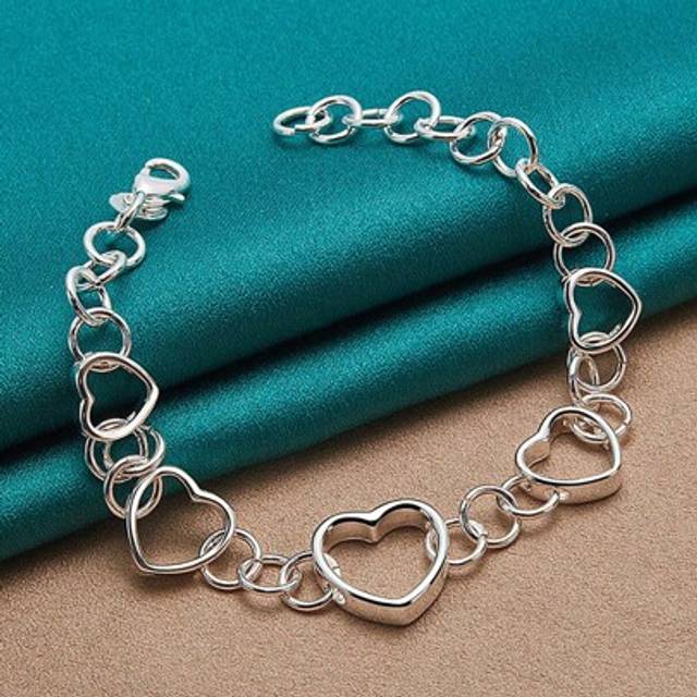 SHEIN Fine 925 Sterling Silver Full Heart Bracelet Chain Lobster Clasp For Women Fashion Charm Wedding Engagement Party Jewelry