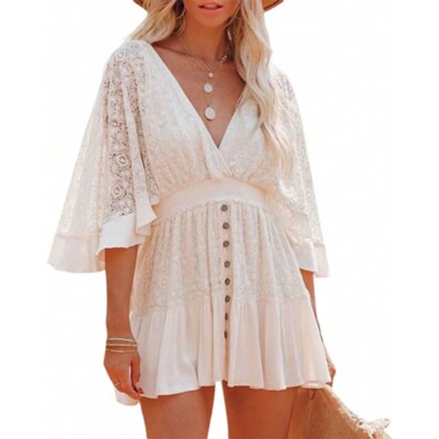 SHEIN Women Boho Dress, Middle Flared Sleeves V-Neck Button Decoration Cake Beach Long Skirt
