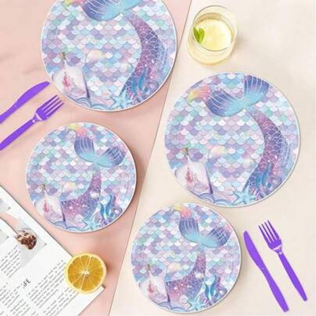 SHEIN 20pcs Mermaid Themed Birthday Party Supplies, Including 10pcs 7-Inch And 9-Inch Paper Plates, Undersea World Theme Disposable Dinner Plates, Suitable
