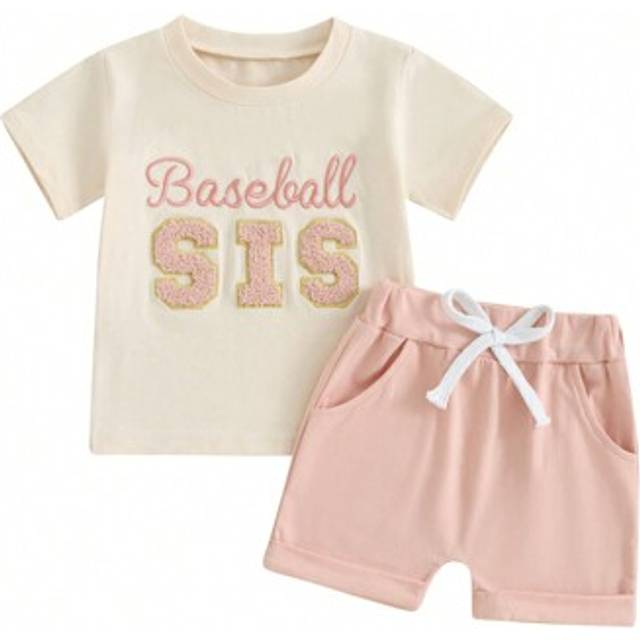 SHEIN Brother Sister Matching 2Pcs Outfits Set, Letter Embroidery Short Sleeve T-Shirt With Solid Color Shorts