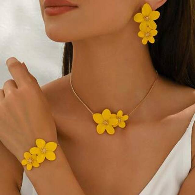 SHEIN 4pcs/Set Elegant Colorful Drip-Oil Flower Pendant Necklace, Earrings, Bracelet Jewelry Set, Minimalist Fashionable Exaggerated Colorful 5-Petal Flower