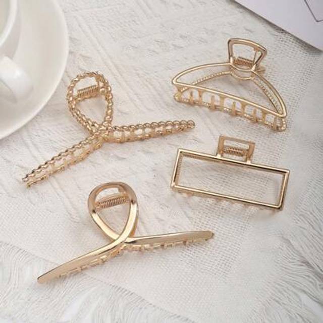 SHEIN 4pcs Simple Geometric Hollow Alloy Large Claw Clips, Vintage Style Hair Accessories Suitable For Women Daily Wear