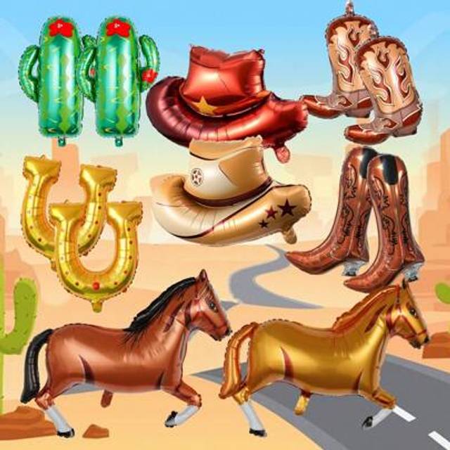 SHEIN 6/12pcs Western Theme Party Balloon Set, Includes Horse Balloons, Brown Cowboy Hats, Boots, Cactus Balloons, Horse Shoe Shaped Foil Balloons, Suitable