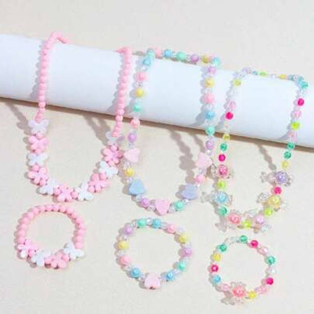 SHEIN 6pcs/Set Girls Cute Butterfly & Heart Beaded Necklace & Bracelet Jewelry Set, Assorted Color Gift For Party, Birthday, Festival