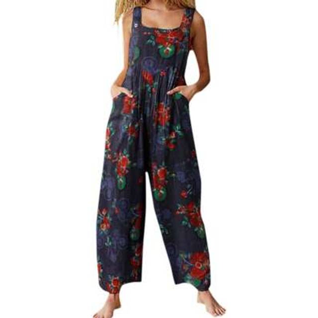 SHEIN Women Loose Style Overalls, Floral Printed Pattern Sleeveless Square Collar One-Piece, Navy/ Wine Red/ Tan/ Grey