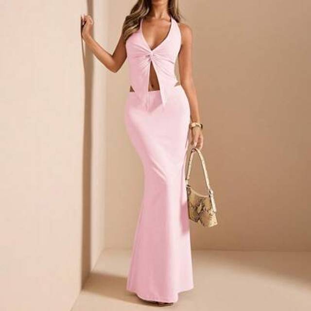 SHEIN 2pcs/Set Women Apricot Solid Deep V-Neck Halter Twist Knitted Top & Low Waist Fish Tail Skirt, Vacation Suit, Knitted Outfit