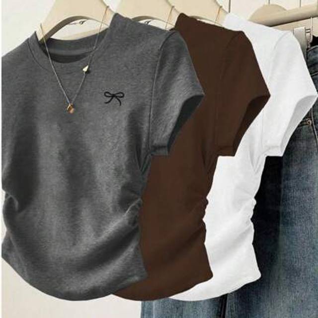 SHEIN 3pcs Women&#39;s Casual Butterfly Print Detailed Slim Fit Pleated Solid Color Crew Neck Short Sleeve T-Shirt Set