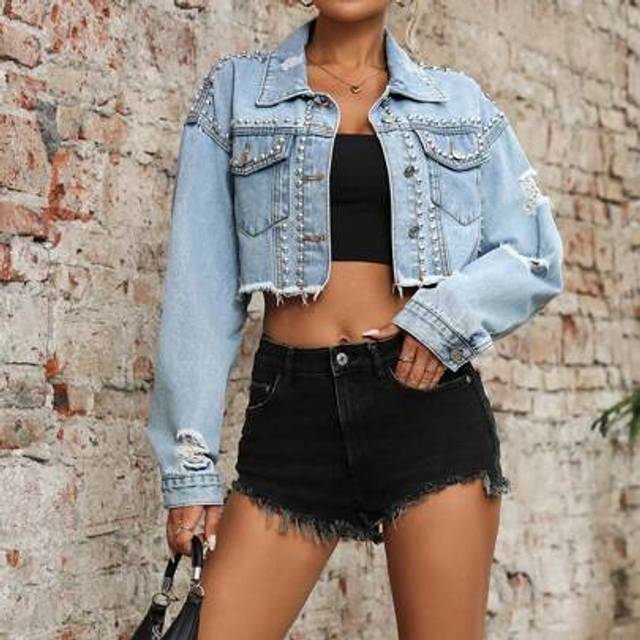 SHEIN Versatile Casual Fashion Ripped Design Rivet Embellished Denim Jacket, Suitable For Daily, Travel, Airport Outfit, Spring/Summer