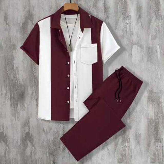 SHEIN 2pcs Men Contrast Color Button-Up Short Sleeve Shirt And Drawstring Plain Long Pants Casual Regular Suit For Spring/Summer