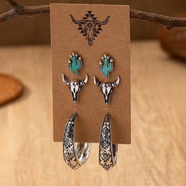 SHEIN 3 Pairs Antique Silver Color Western Style Turquoise Stone Decor Cactus Cow Head Stud Earring Hoop Earrings Set For Women