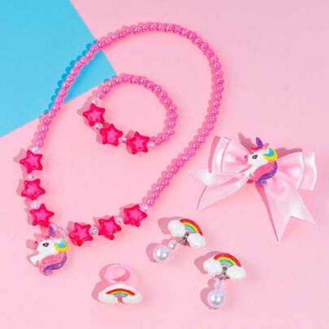SHEIN 6pcs/Set Kids&#39; Unicorn Beaded Necklace, Bracelet, Earrings, Pearl Bow Hair Clips Set, Birthday Party Accessories For Girls