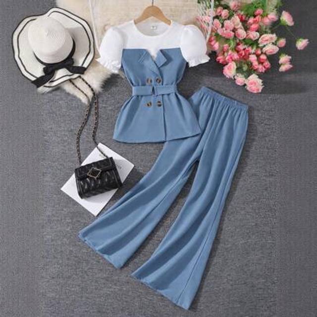 SHEIN 2pcs/Set Tween Girl Puff Sleeve Spliced Top With Belt And Solid Color Flared 7/8 Pants Outfit
