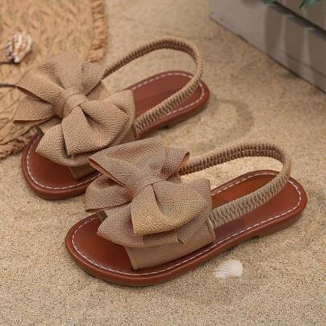 SHEIN 1 Pair Coffee Brown Plus Size Toddler/Little Girls Flat Sandals With Solid Color Mesh, Big Bow Decor, Elastic Back Strap, Round Toe, Non-Slip Sole, Fa