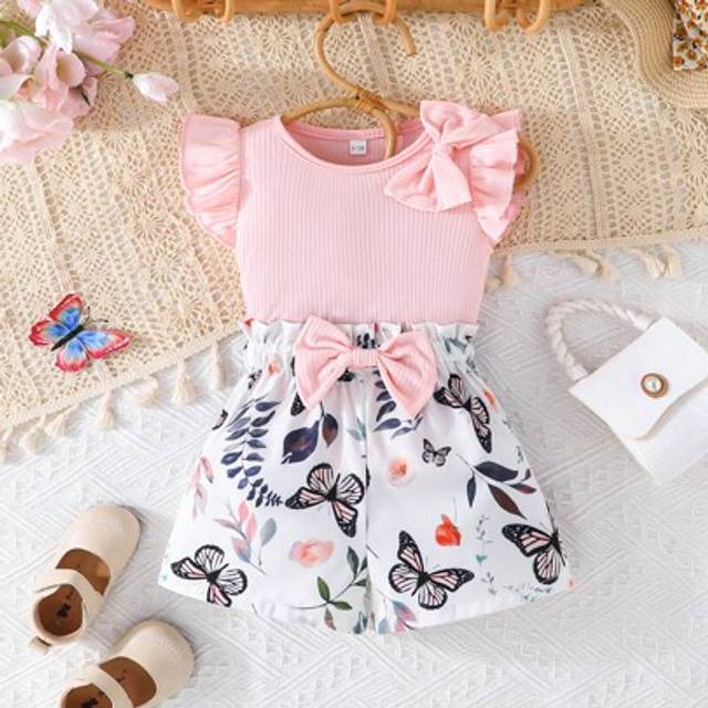 SHEIN Baby Girl Cute Bowknot Trim Cap Sleeve Top & Butterfly Print Shorts 2 Pieces Set, Summer