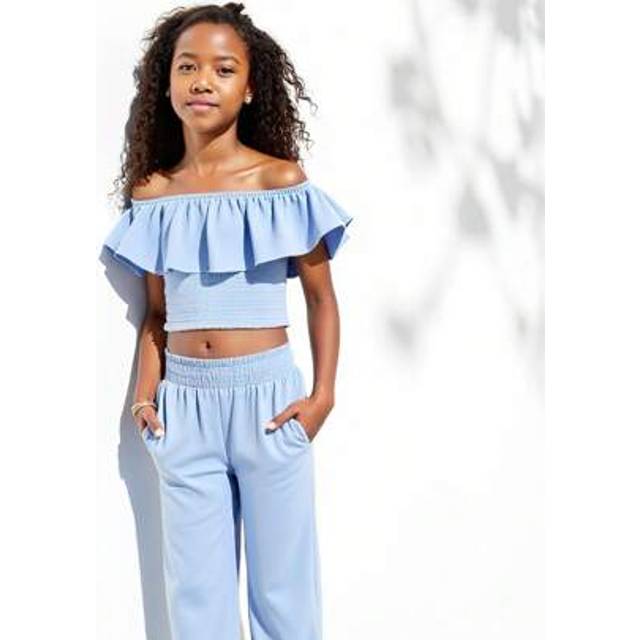 SHEIN 2 Pcs Set Summer Girls Off-Shoulder Floral Blouse & Wide-Leg Casual Pants, Comfortable & Refreshing