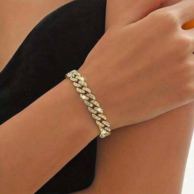 SHEIN 1pc Women&#39;s Hip Hop Style Crystal Pave Cuban Link Chain Bracelet, Date Night Gift