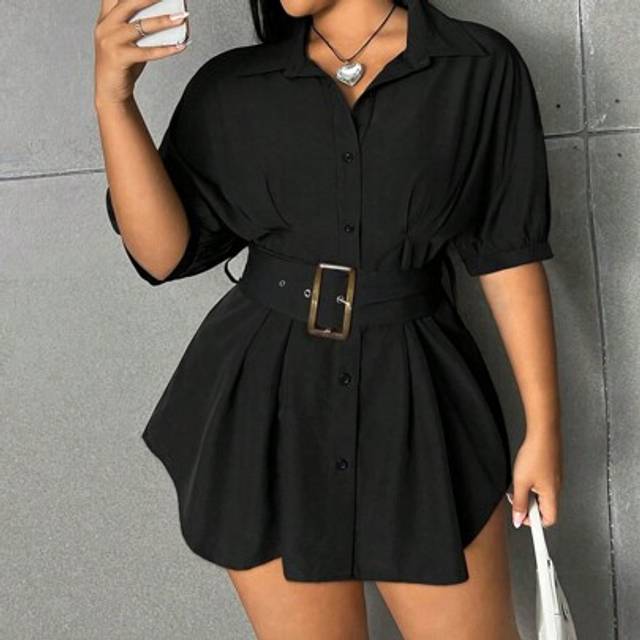 Flirla Plus Size Women&#39;s Single-Breasted Short Sleeve Casual Work Shirt