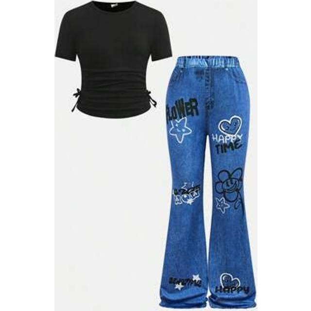 SHEIN 2pcs Tween Girl Casual Crew Neck Top With Ruched Waist And Pants Set