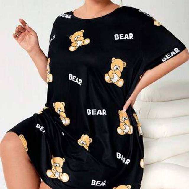 SHEIN Plus Size Women&#39;s Fashionable And Cute Bear And Letter Printed T-Shirt Knitted Dress