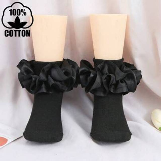 SHEIN 1 Pair Kids Girls&#39; Princess Style Lace Trim Cotton Socks With Ruffle