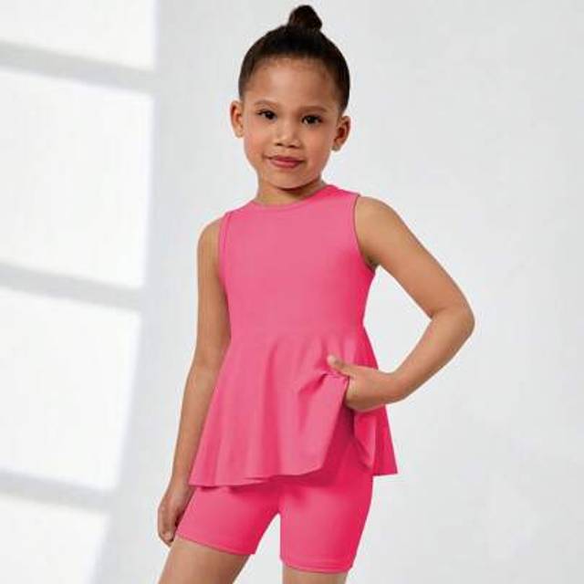 SHEIN 2pcs Girls Outfit - Solid Color Sweet & Cute Casual Short Sleeve Dress And Leggings Set, Suitable For Daily Wear, Festivals And Vacation, Summer Seaso