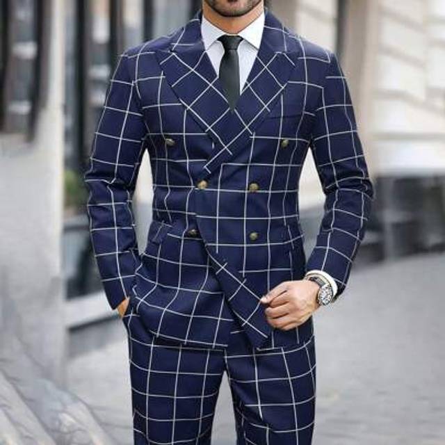 SHEIN 2pcs/Set Men&#39;s Plaid Double-Breasted Pocket Fitted Suit Jacket And Pants Set, Men Suit