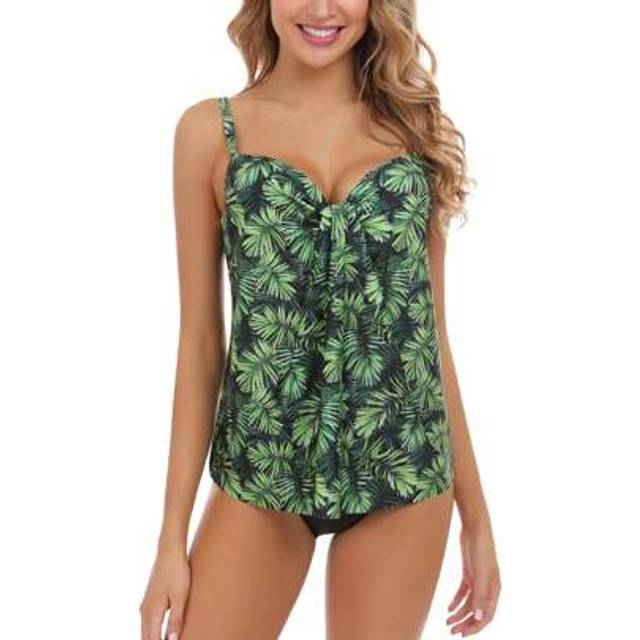 SHEIN Women 2 Pieces Tankini Swimsuits Leaves/Floral Print Padded Sleeveless Tank Tops And Thong Bottoms Beach Bikini Set
