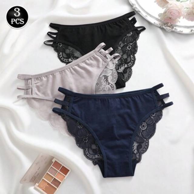 SHEIN 3pcs Set Solid Color Lace Patchwork Spaghetti Strap Hollow Triangle Panty, Sexy & Romantic Women Underwear