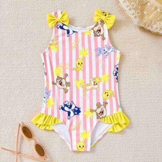 SHEIN Baby Girl Cartoon Animal Print Pink Striped One-Piece Swimsuit With Bow Accent & Ruffle Hem, Playful Summer