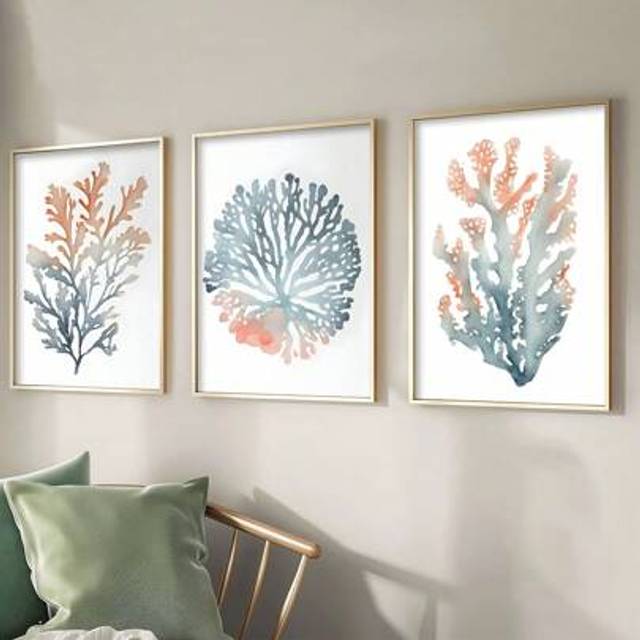 SHEIN 3 Pieces Framed Canvas Paintings And Posters For Direct Hanging, Abstract Coral, Modern Minimalist Marine Animal Decor, Home Decor, Wall Art, Room Dec