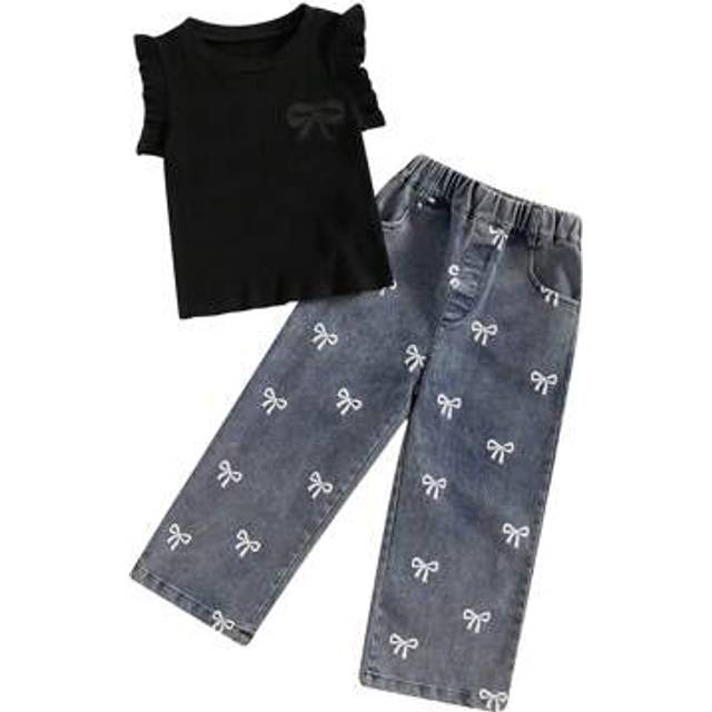 SHEIN Toddler Girls 2 Piece Outfits Bow Print Ribbed Sleeveless Tank Tops And Elastic Jeans Pants Set Baby Summer Clothes