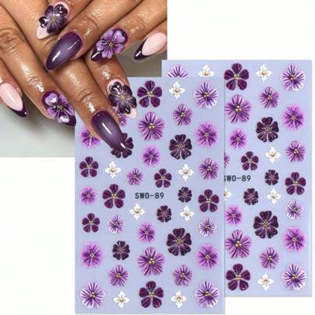 SHEIN Purple Hibiscus Flower 5D Nail Stickers 2pcs Gradient White Purple Heart Floral Petal Print DIY Y2K Spring Summer Self-Adhesive Gel Polish Sliders Man