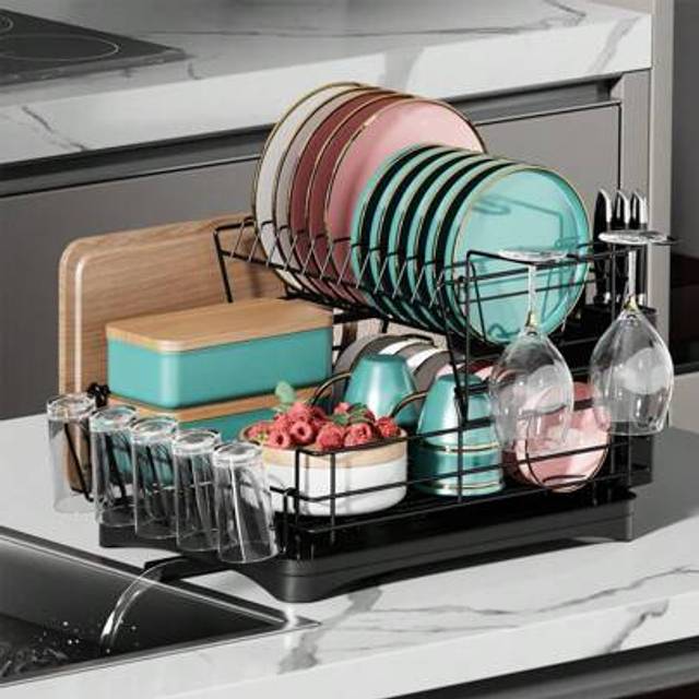 SHEIN Living And Home Deluxe 2-Tier Dish Drainer Rack,Stainless Steel Cutlery Drying Rack Multipurpose Kitchen Organizer With Drip Tray, Cup Holder And Cutt