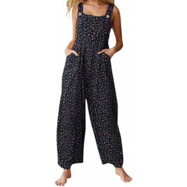 SHEIN Women Loose Style Overalls, Floral Printed Pattern Sleeveless Square Collar One-Piece, Navy/ Wine Red/ Tan/ Grey