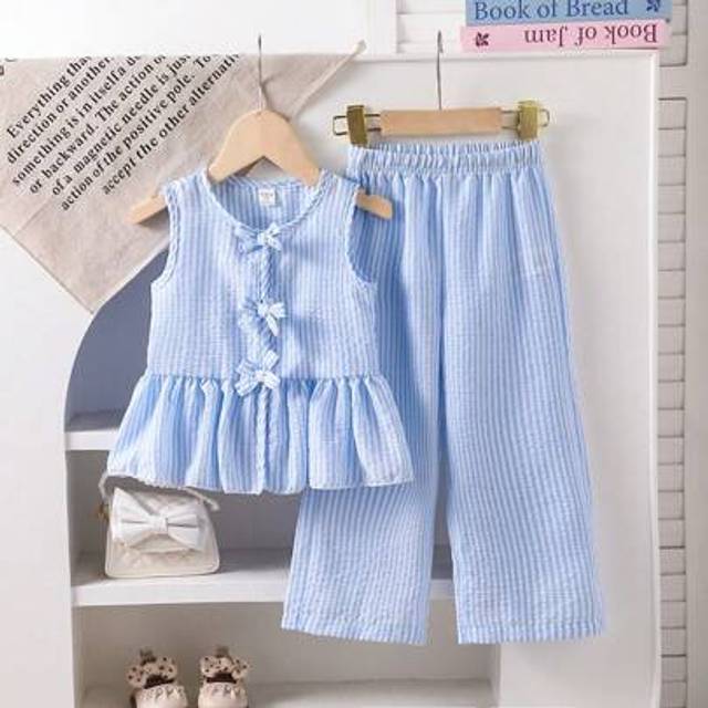 Souflis 2pcs Girl Casual Suit - Striped Bow Decor Ruffle Hem Camisole And Pants Young Girls Clothing Sets Short Sleeve Young Girl Summer Sets