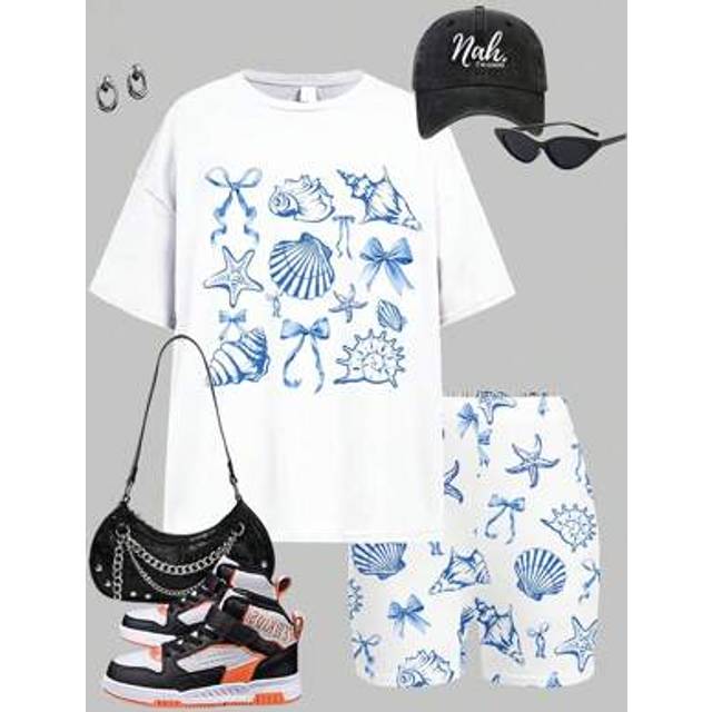 SHEIN 2pcs/Set Cute Ocean Creature, Shell, Bow Print Casual T-Shirt & Shorts Set For Tween Girls, Great For Summer Vacation