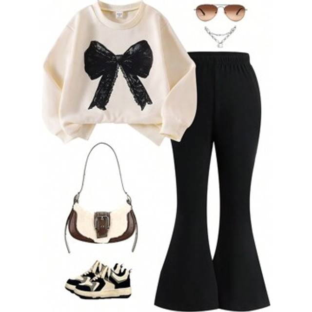 SHEIN 2pcs Young Girl Set - Apricot Bow Print Long Sleeve Top And Black Flare Leg Pants, Cute And Comfortable Outfit For Spring/Autumn Everyday Wear