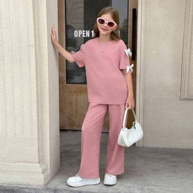SHEIN Nova Glow Tween Girls&#39; Solid Color Round Neck Bow Loose T-Shirt And Baggy Pants 2-Piece Casual Set