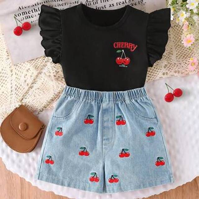 SHEIN Girls Casual Daily Round Neck Short Sleeve Letter Print T-Shirt And Cherry Embroidery Elastic Waist Denim Shorts 2 Pieces Set