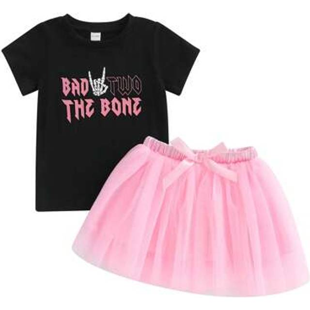 SHEIN Toddler Girls 2Pcs Summer Outfits Short Sleeve Skeleton Hand Print Tops + Tulle Skirt Set Baby Clothes