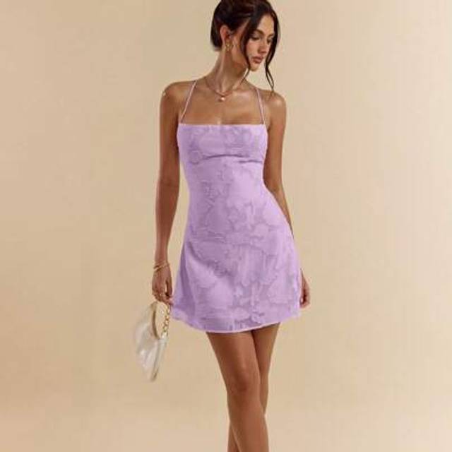 SHEIN Spring/Summer Solid Pink Body-Con Plunging Neck Backless Strap Textured Skater Mini Dress For Women