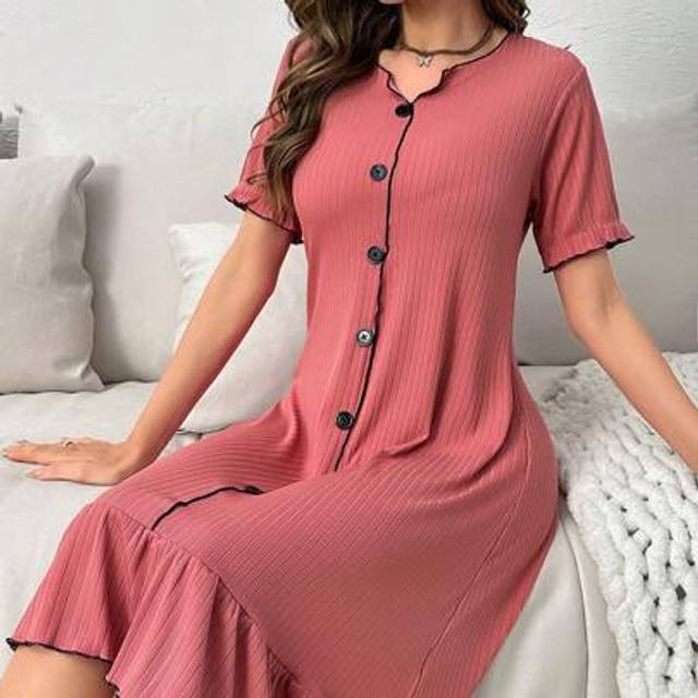 SHEIN Contrast Binding Ruffle Hem Ribbed Knit Lounge Dress