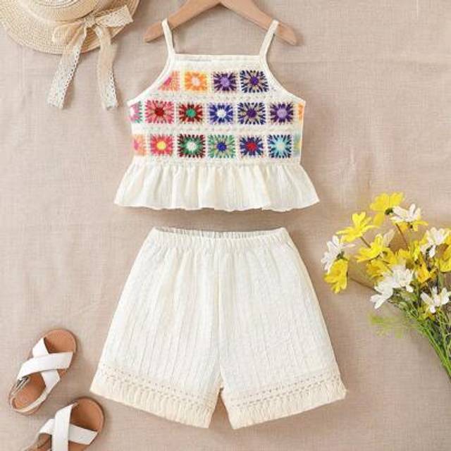 SHEIN 2pcs/Set Young Girl Casual Colorful Ruffle Striped Tank Top & Shorts Set, Suitable For Outdoor, Daily, Casual, Holiday In Summer