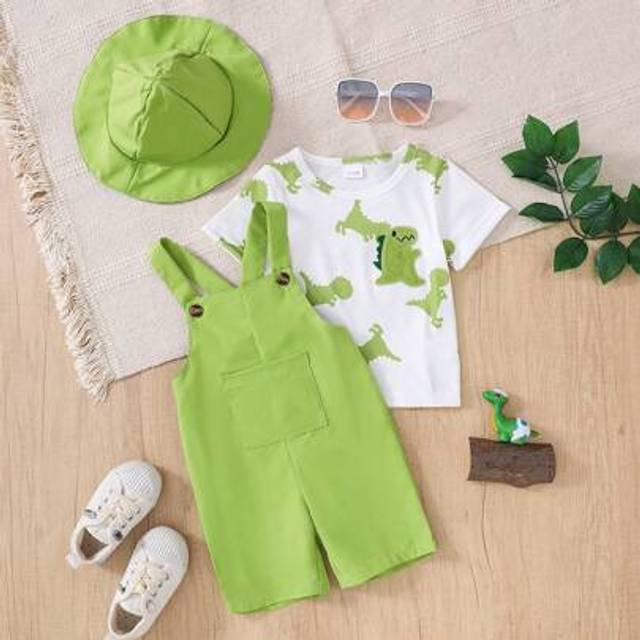 SHEIN 2pcs/Set Cute Toddler Boy Crew Neck Dinosaur Embroidered Short Sleeve T-Shirt & Casual Bib Shorts, With 1 Hat, Spring/Summer